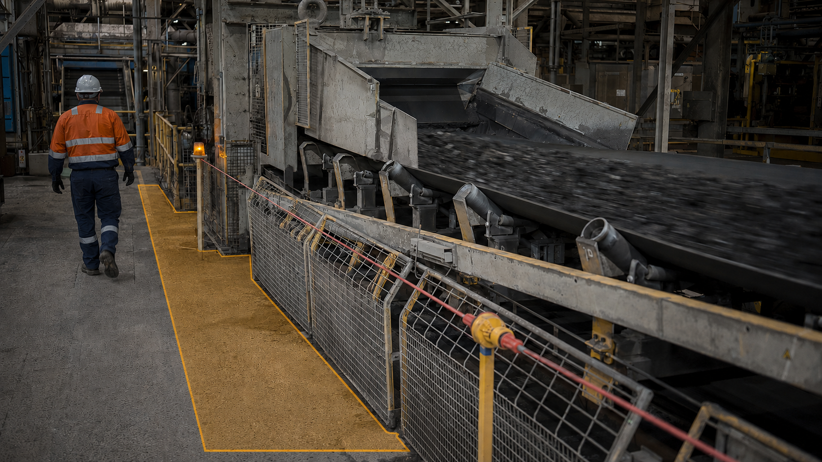 Worker approaching an active guarded conveyor transfer area
