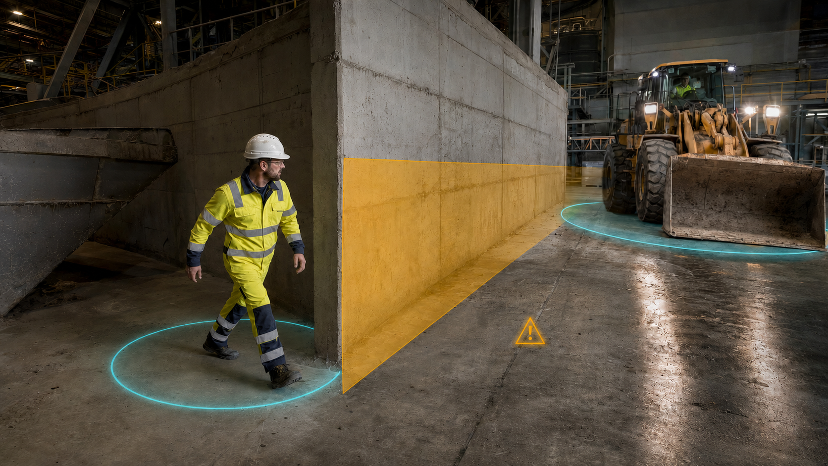 Worker emerging from a blind corner toward an approaching wheel loader