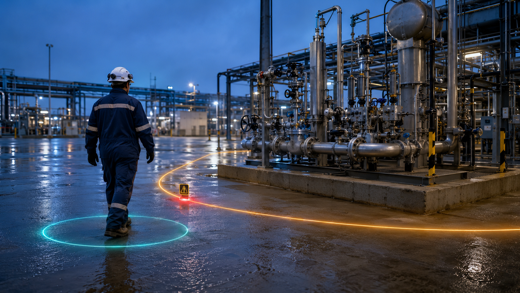 Worker seen from behind approaching a monitored geofence around a process area