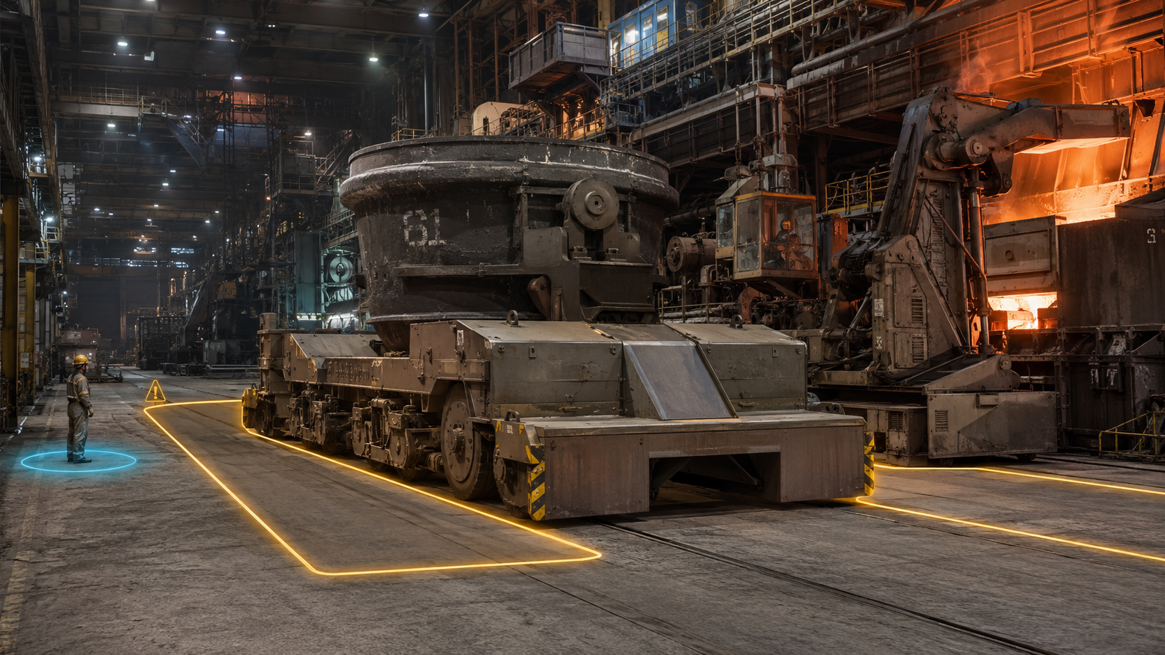 Large steel mill transfer equipment operating inside a defined machine envelope