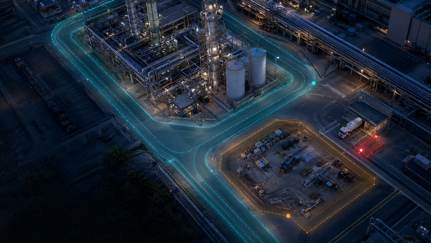Focused aerial view of one industrial zone with monitored, attention and critical safety areas