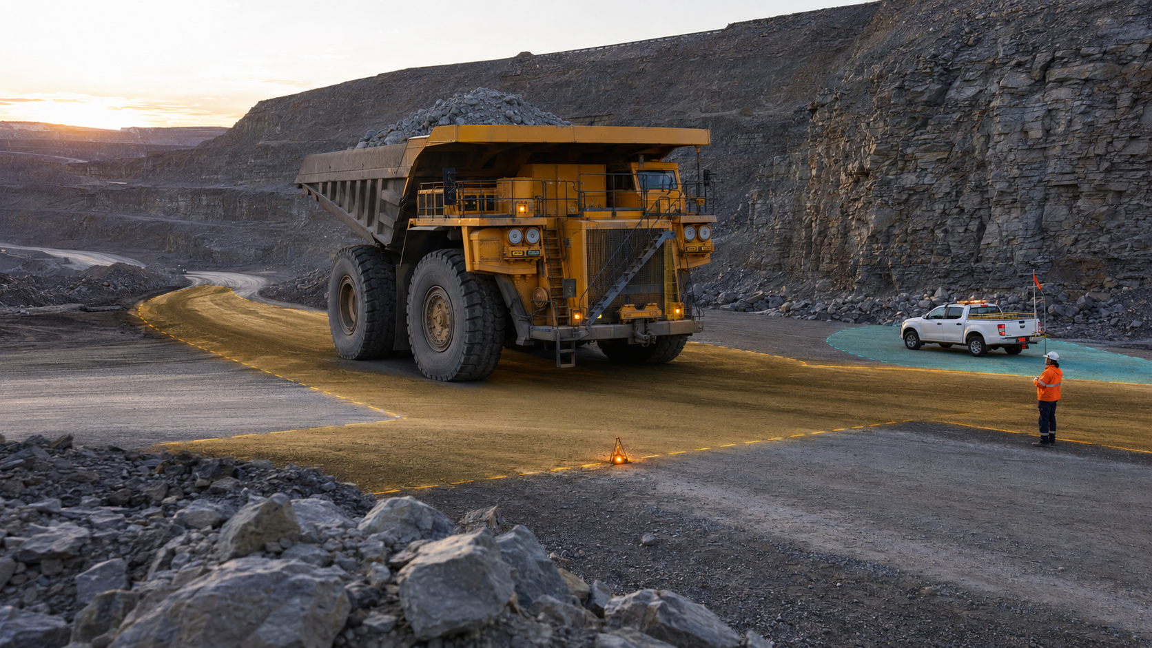 Mining haul truck operating near a service vehicle and worker