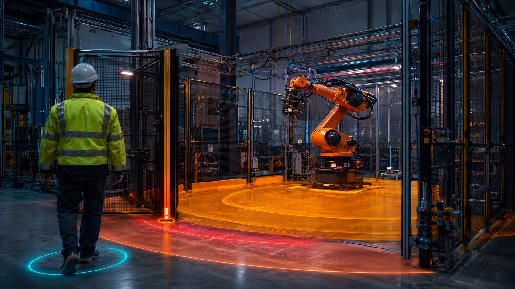 Technician seen from behind approaching an industrial robot operating envelope