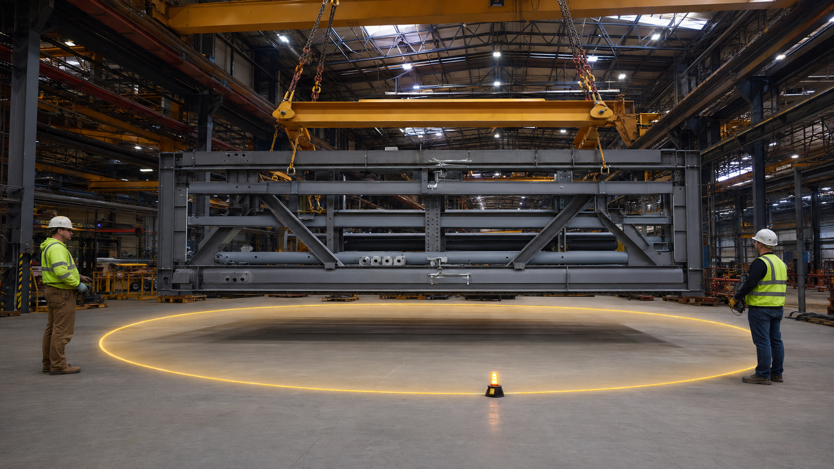 Riggers standing outside the exclusion area beneath a suspended steel load