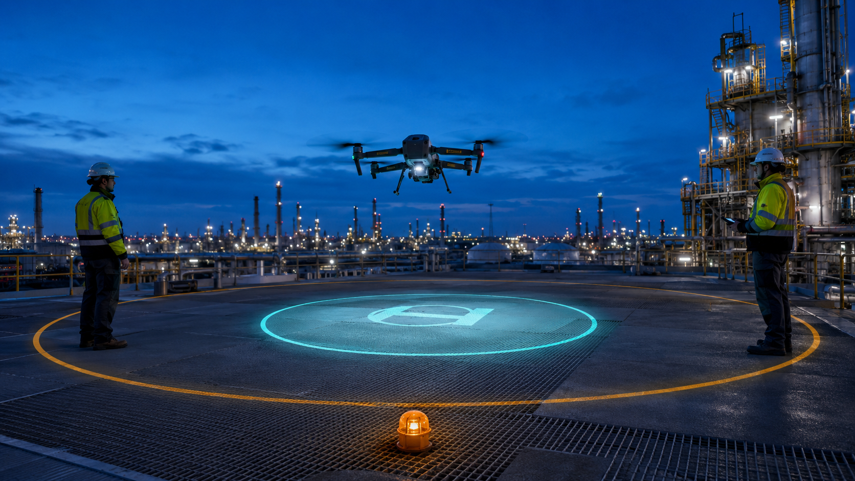 Industrial inspection UAV descending toward a refinery rooftop landing zone